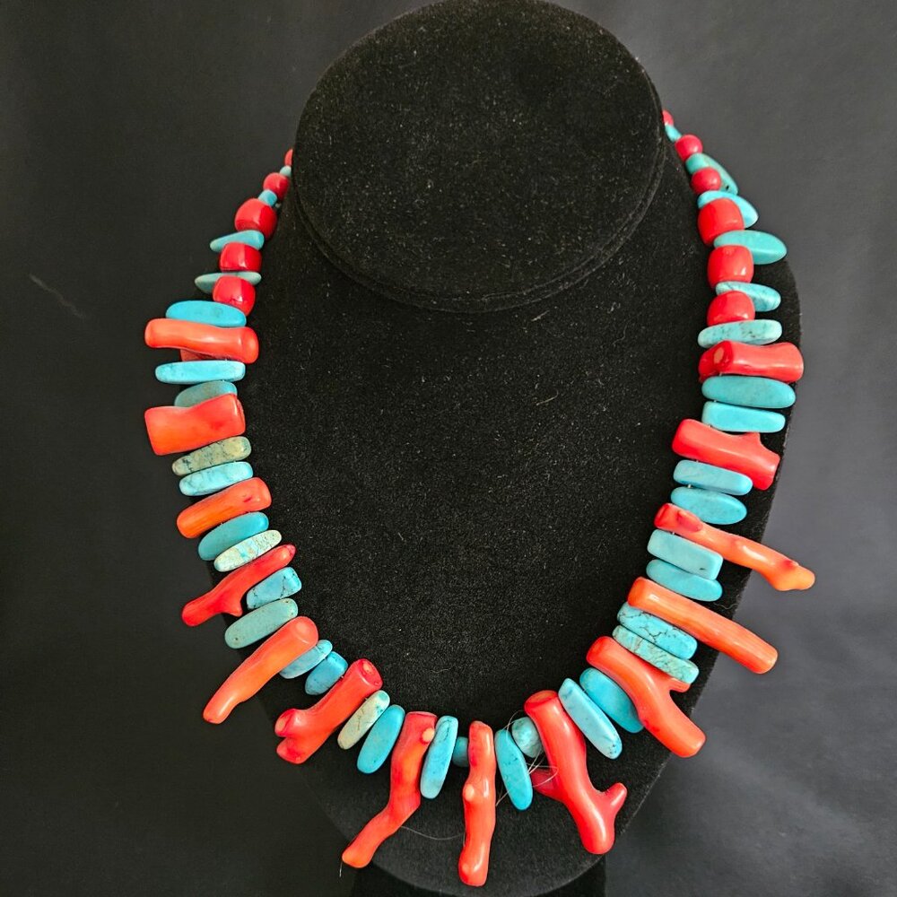 Handcrafted Genuine Turquoise Flat Bar and Red Branch Coral Necklace